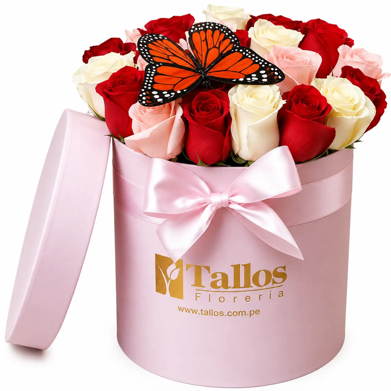 arreglo floral en box con rosas y mariposa para regalo con entrega en Lima